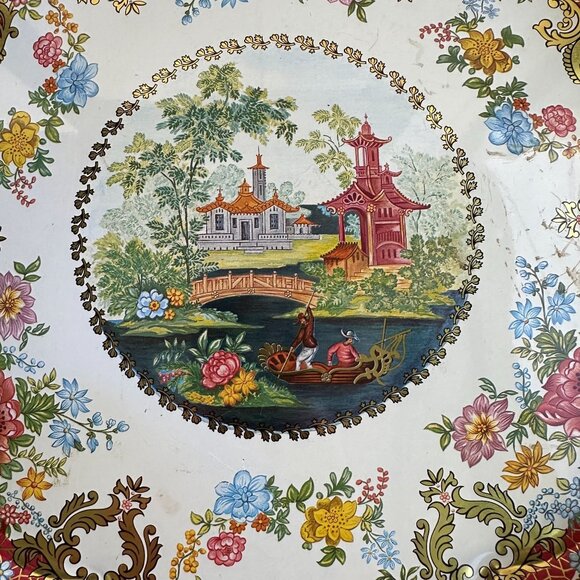 Vintage Daher Decorated Ware Tin Tray 16.25" Round Floral & Asian Scene England - Picture 2 of 16